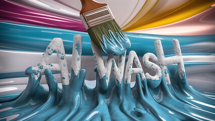 AI Wash - The Illusion of Artificial Intelligence in Business, 3d Letters, Paintbrush Painting Over Phrase