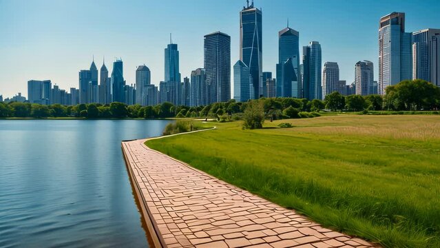 Video animation of panoramic view of a city skyline across a lake, with a well-maintained park area in the foreground