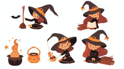 Set of Four cute little witch in hat flying on broom