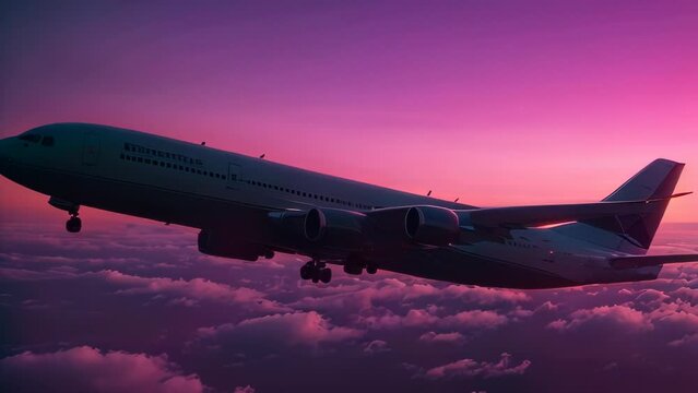 Video animation of airplane in silhouette against a twilight sky, painted with a gradient of deep purple to pink hues