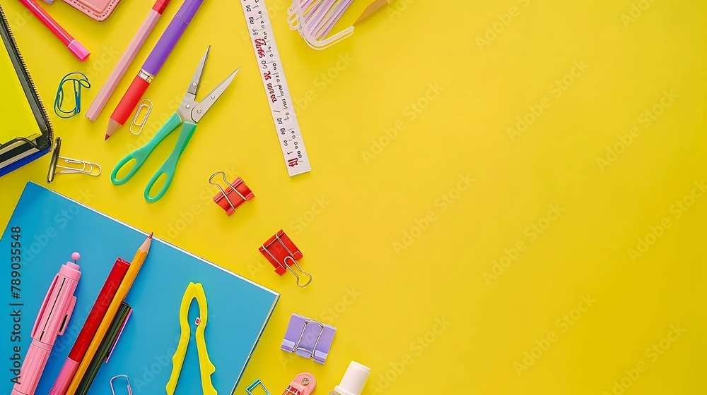 Poster school stationery on a yellow background top view with copy space flat lay back to school concept : 