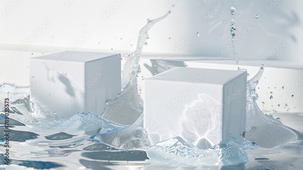 Poster Two empty clear white square podiums on transparent calm water texture with splashes and waves in sunlight Abstract nature background for product presentation Flat lay cosmetic mockup  : Generative AI