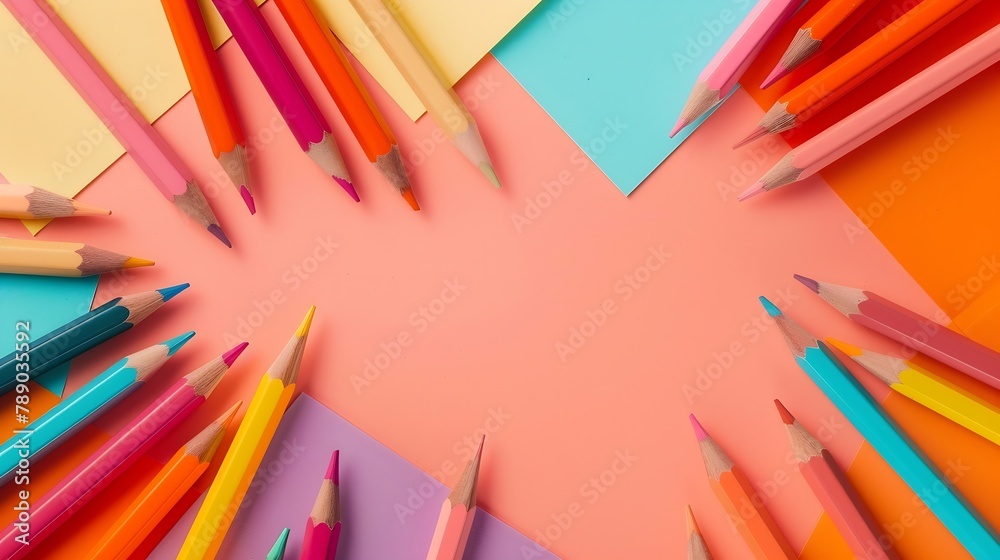 Leinwandbilder flat lay photo of office desk with colorful pencil and paper clipcopy space top view : generative ai