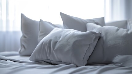 Closeup picture of grey soft with side pillows are comfortable yet stylish and modern for the whole family to spend their free time resting under the evening light passing through the  : Generative AI