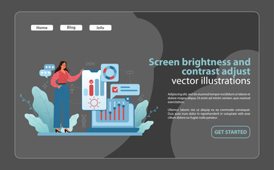 Optimal Screen Settings Illustration. A woman adjusts a display's brightness and contrast.