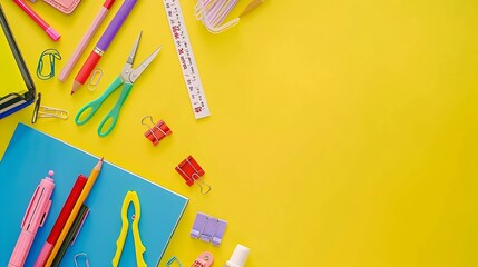 School stationery on a yellow background Top view with copy space Flat lay Back to school concept : Generative AI
