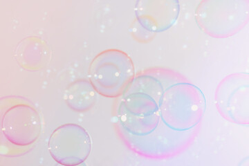 Beautiful Transparent Shiny Soap Bubbles Background. Celebration Festive Backdrop. Pink Textured....