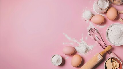 Empty space baking background with bakery ingredients  flour milk eggs rolling pin Simple pastry baking flat lay top view border : Generative AI