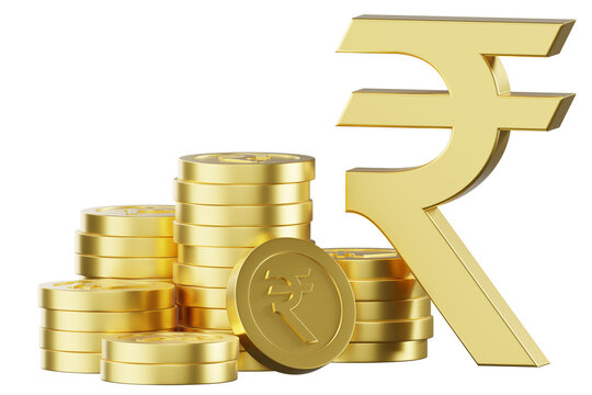 3D rendering of a golden Indian Rupee symbol (₹) standing beside stacks of golden coins, all on a golden background.