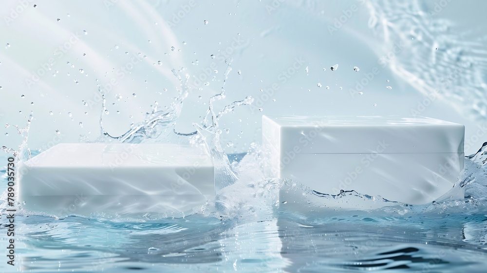 Poster Two empty clear white square podiums on transparent calm water texture with splashes and waves in sunlight Abstract nature background for product presentation Flat lay cosmetic mockup  : Generative AI