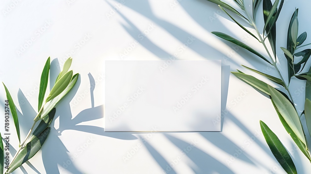 Aufkleber summer stationery blank business card mockup scene horizontal greeting card with blooming green oliv