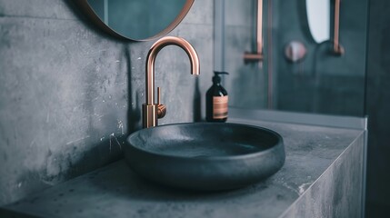Black sink vintage copper faucet gray wall mirror loft bathroom interior details Close up...