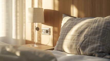 Closeup fragment of bedroom with empty bedside table reading lamp and a USB socket in modern interior design home or hotel Soft pillow and blanket stylish comfortable furniture Sun sha : Generative AI