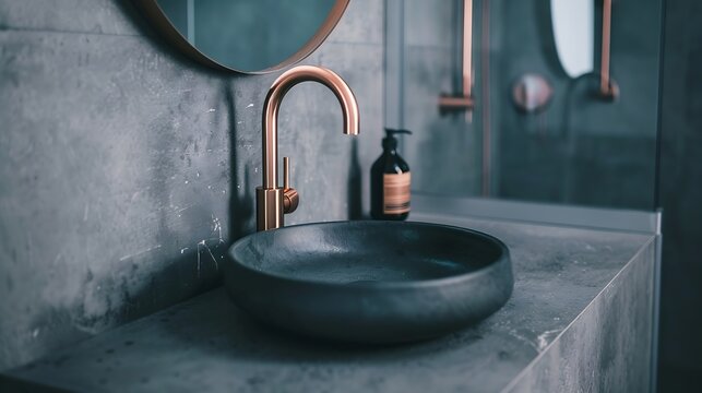 Black sink vintage copper faucet gray wall mirror loft bathroom interior details Close up minimalism concept : Generative AI