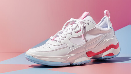 A pair of white and pink sneakers against a pink and blue background.

