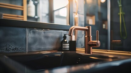 Black sink vintage copper faucet gray wall mirror loft bathroom interior details Close up...