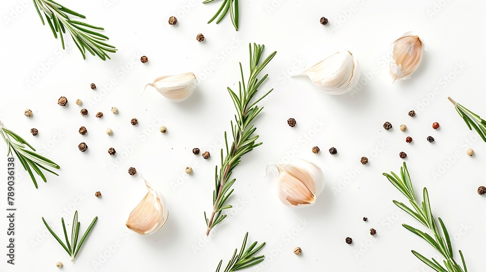 Poster garlic with rosemary and peppercorn isolated on white background Top view Flat lay pattern : Generative AI