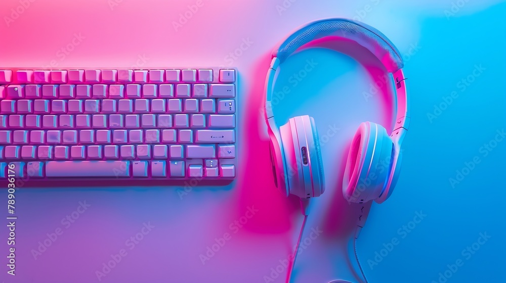 Aufkleber smartphone headphones and computer keyboard on pink and blue background technology : generative ai