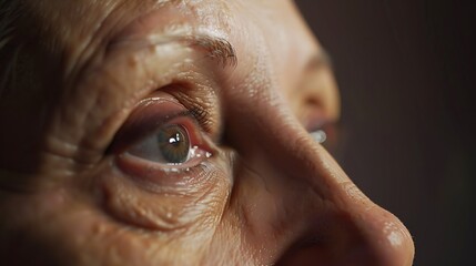 Naklejka premium Upper face of serious senior woman looking away Brown eyes with makeup mascara facial skin with wrinkles close up Female portrait cropped shot Elderly age eyesight beauty healthcare : Generative AI