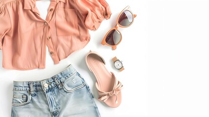Feminine summer fashion composition with blouse slippers purse sunglasses watch jean shorts on white background Flat lay top view minimalist clothes collage Female fashion blog social  : Generative AI