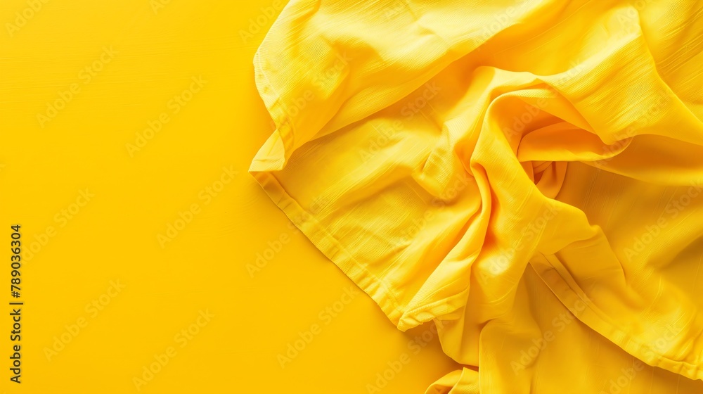 Poster top view with yellow empty kitchen napkin isolated on table background Folded cloth for mockup with copy space Flat lay Minimal style : Generative AI