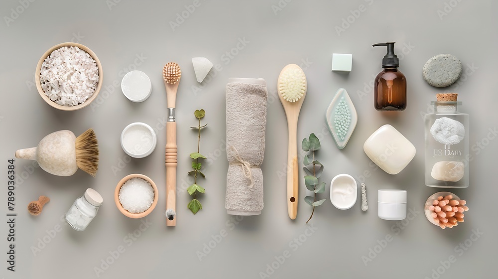 Poster various spa related objects on gray background top view body and skin care flat lay with copy space 