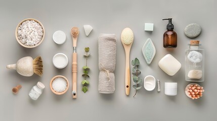 Various spa related objects on gray background top view Body and skin care flat lay with copy space...