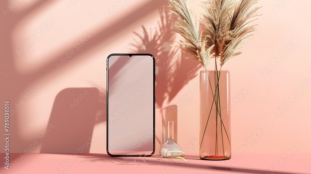 Poster empty mobile phone screen mockup glasses vase and meadow grass on a light pink and terracotta backgr