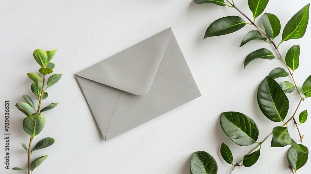Aufkleber Mock up card with plants Invitation card with grey envelope on white background : Generative AI