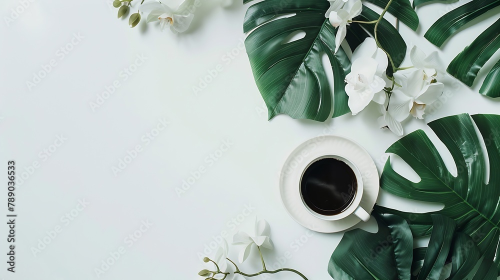 Poster flat lay blogger workspace mockup with tropical leaves coffee and accessories on white background co