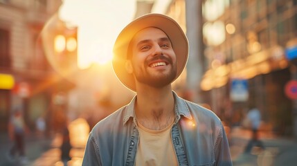 Fototapeta premium Portrait of a Happy Handsome Young Man in Casual Clothes Standing on the Street at Sunset Stylish Male Model in Big City Living the Urban Lifestyle Background with Office Buildings and : Generative AI