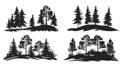 Set of Four evergreen forest landscapes with silhouet