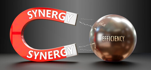 Synergy attracts Efficiency. A metaphor showing synergy as a big magnet attracting efficiency. Analogy to demonstrate the importance and strength of synergy. ,3d illustration