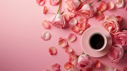 Workspace Gift cup of coffee and rose flowers Flat lay top view copy space : Generative AI