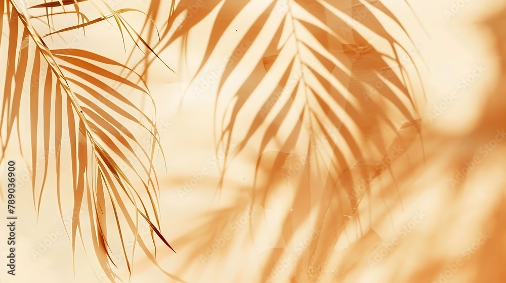 Poster warm orange and beige summer color background with tropical palm shadow two trend pastel paper and e