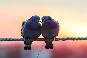 Love birds on a wire. Two pigeons love birds sitting on a wire . - Powered by Adobe