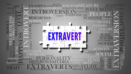 Extravert as a complex subject, related to important topics. Pictured as a puzzle and a word cloud made of most important ideas and phrases related to extravert. ,3d illustration