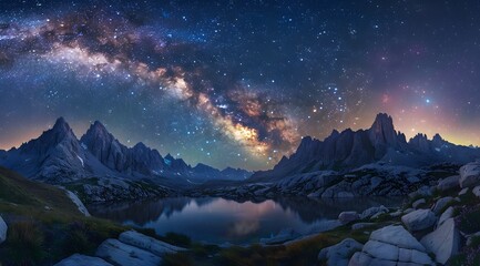Night shot of the Milky Way. A beautiful mountain landscape with a mountain lake