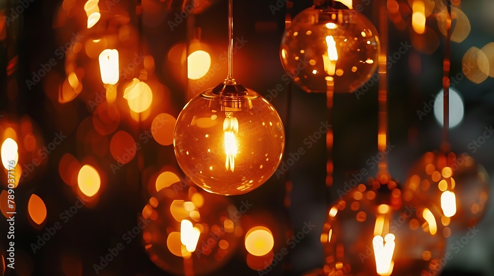 Aufkleber classic sphere lighting bulbs are glowing in orange warming shade there are hanging from ceiling in 