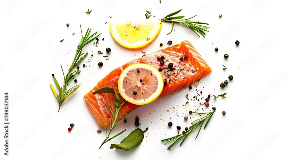 Poster Slice of red fish salmon with lemon rosemary and peppercorns isolated on white background Top view Flat lay : Generative AI