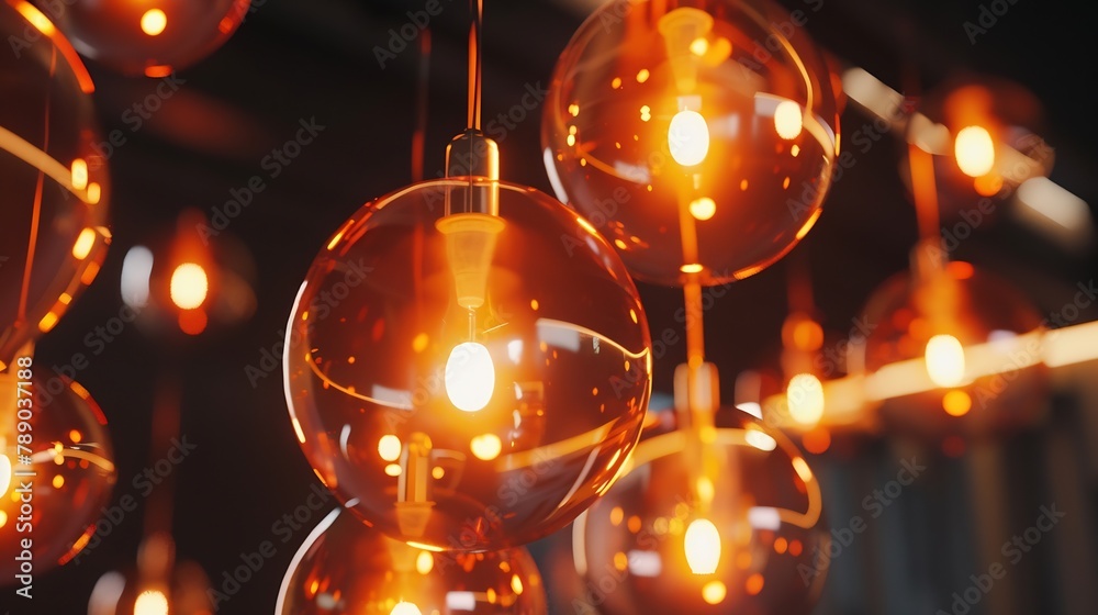 Aufkleber classic sphere lighting bulbs are glowing in orange warming shade there are hanging from ceiling in 