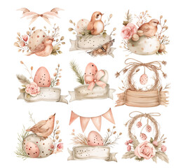 Vector illustration of a spring set of Easter eggs, flowers, twigs, delicate pastel shades