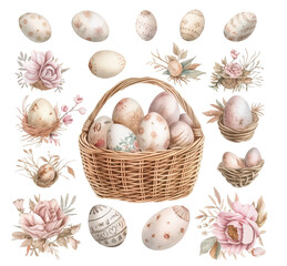 Delicate watercolor set for Easter, eggs in a basket, vector illustration of a fabirge egg for Easter