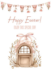 Happy Easter watercolor cards set with cute Easter rabbit, eggs, spring flowers in pastel colors on light green, soft pink and beige background. Easter watercolor posters, covers