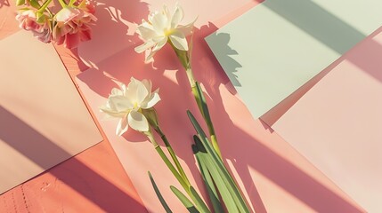 Blank clipping path paper sheet cards on neutral ginger table Aesthetic artist home office desk workspace with narcissus and rose flowers Flat lay top view mockup with empty copy space : Generative AI - obrazy, fototapety, plakaty