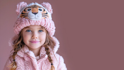 Fototapeta premium A cute smiling girl wears a pink fluffy animal hoodie hat isolated