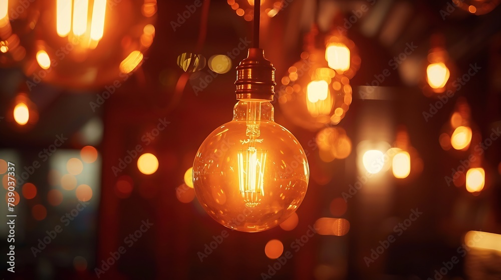 Poster classic sphere lighting bulbs are glowing in orange warming shade there are hanging from ceiling in 