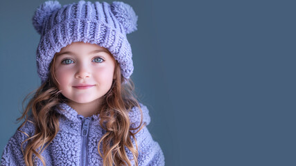 A cute smiling girl wears a purple fluffy hoodie hat isolated