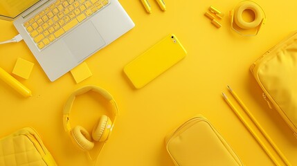 Back to school online education highcolored bright yellow background White laptop with school education supplies headphones pencil case and accessories top view flat lay copy space : Generative AI