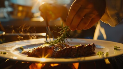 Chef decorating a plate with freshly grilled meat Cooker adding a piece of rosemary with tweezers on top of steak food art gourmet dinner : Generative AI - obrazy, fototapety, plakaty